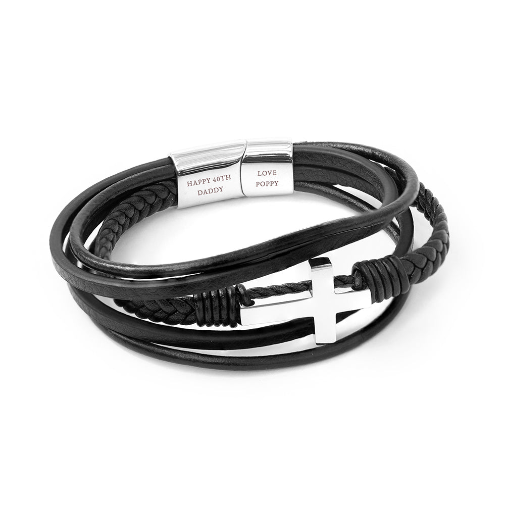 Personalized Men's Bracelets - Personalized Men's Cross Leather Stacked Bracelet 