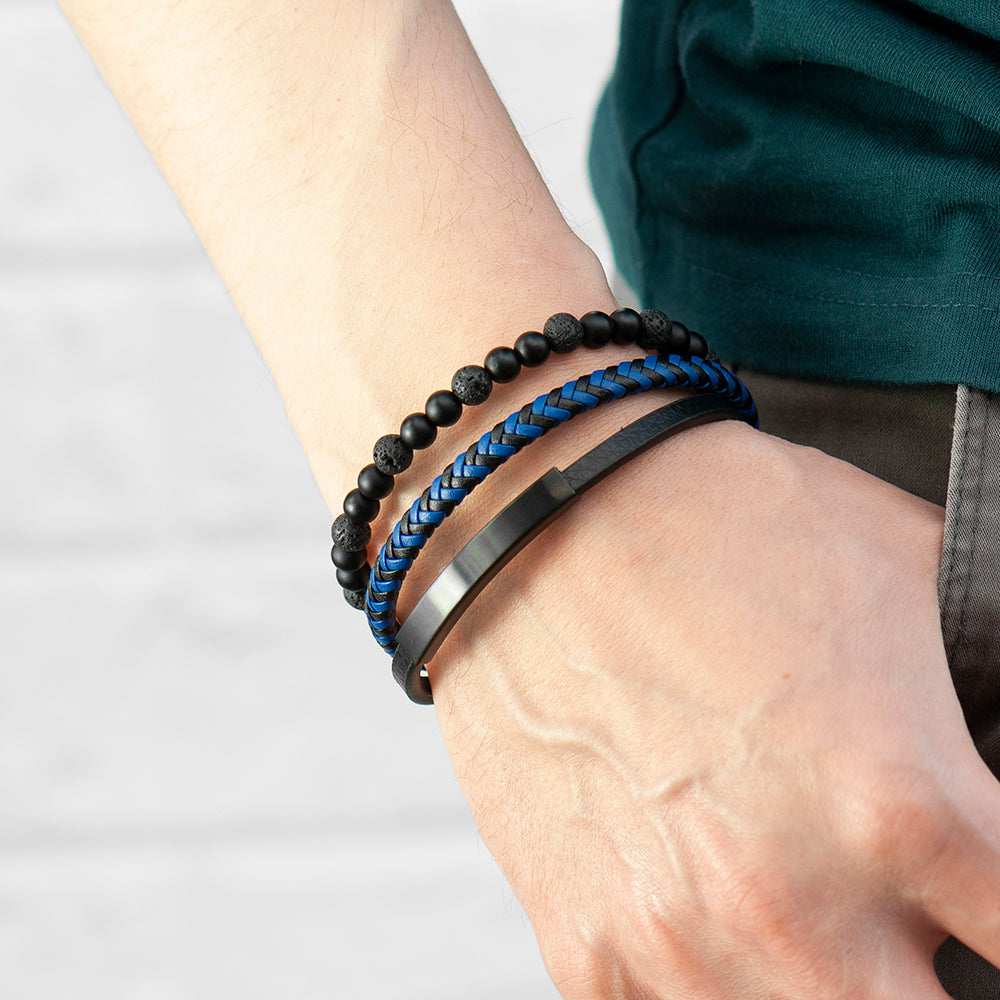 Personalized Men's Bracelets - Personalized Men's Black Stone and Blue Cord Bracelet 