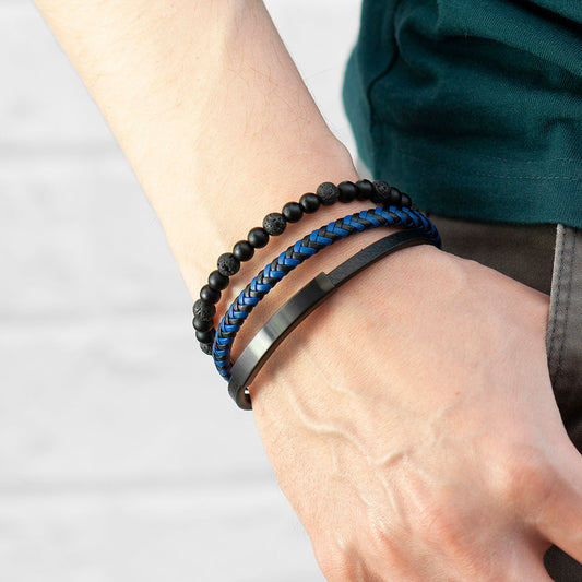 Personalized Men's Black Stone and Blue Cord Bracelet