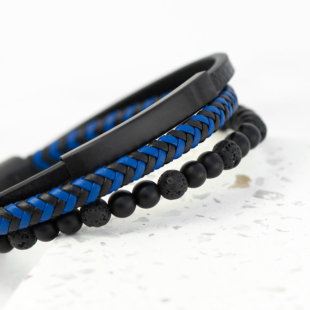 Personalized Men's Bracelets - Personalized Men's Black Stone and Blue Cord Bracelet 