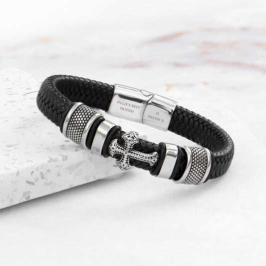 Men's Personalized Gothic Cross Leather Bracelet