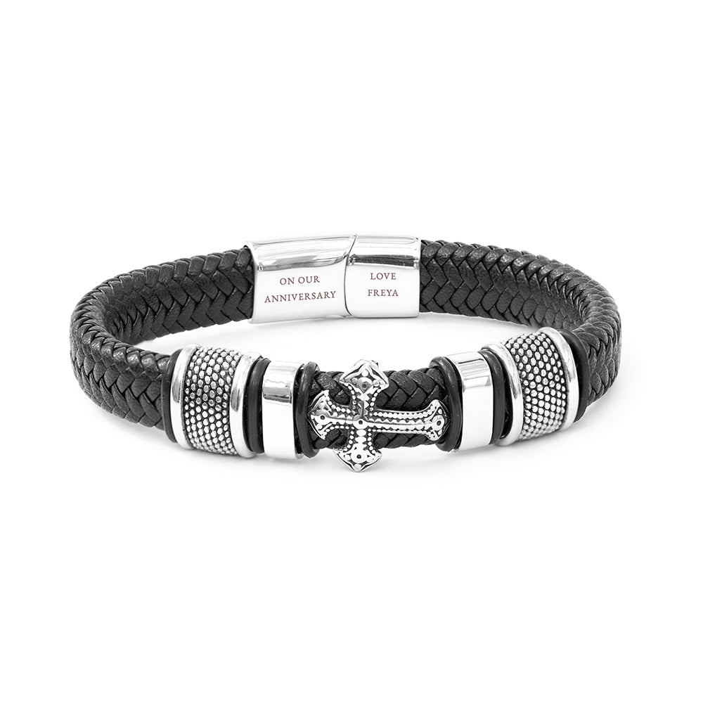 Personalized Men's Bracelets - Men's Personalized Gothic Cross Leather Bracelet 