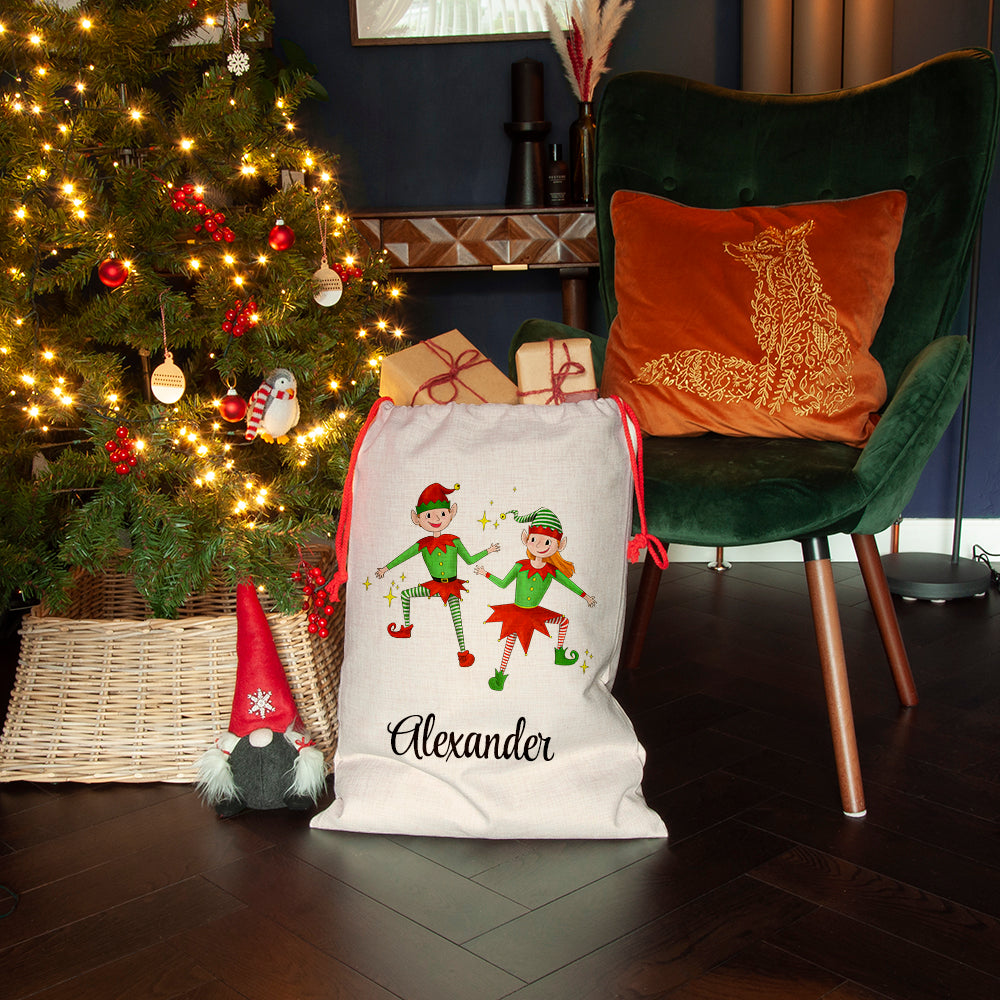 Personalised Playful Elves Christmas Sack - Lovesakes