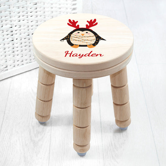 Personalized Christmas Penguin Wooden Stool