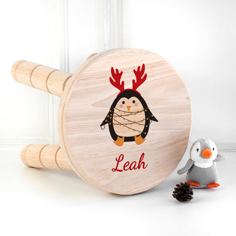 Personalized Kids Stools - Personalized Christmas Penguin Wooden Stool 