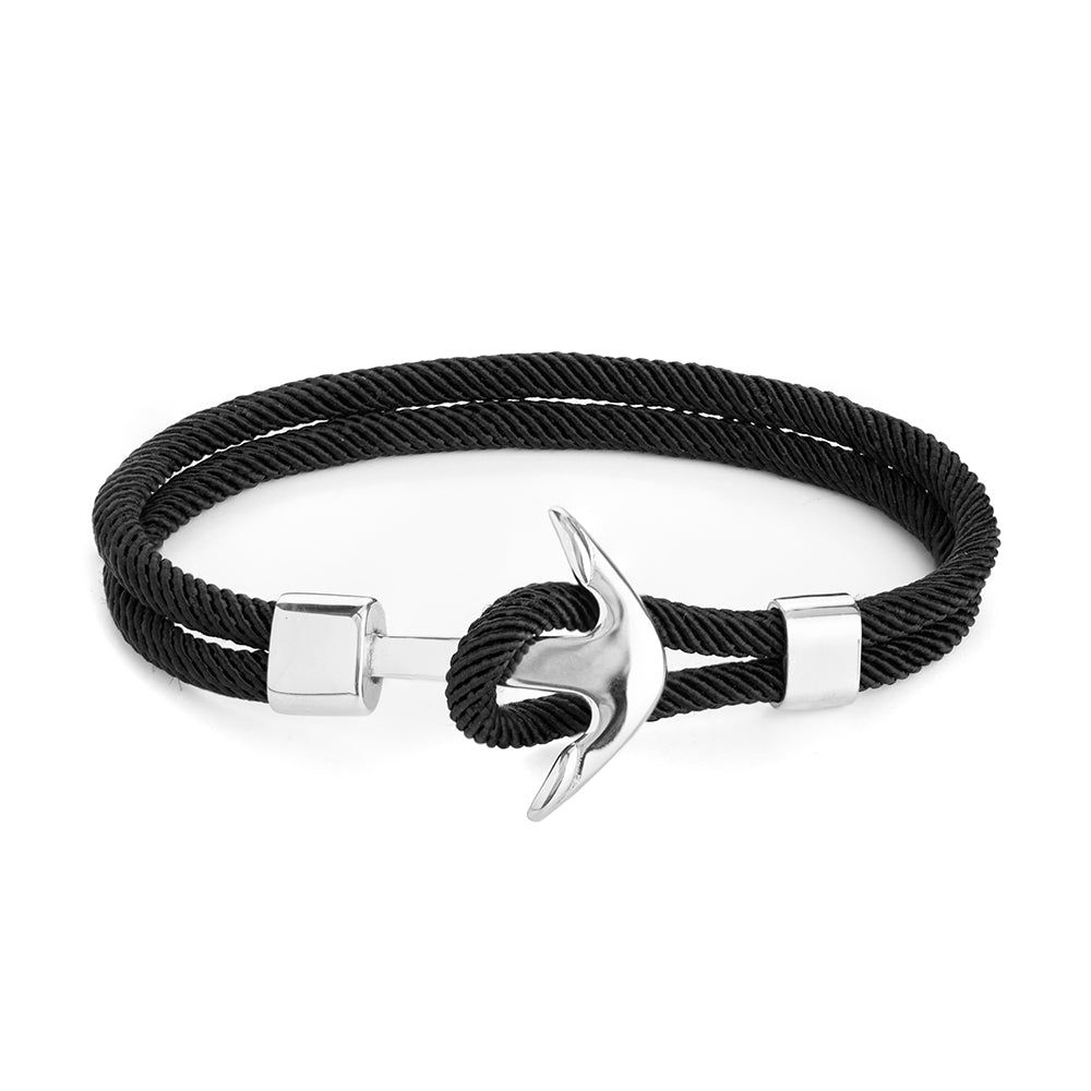 Personalized Men's Bracelets - Personalized Men's Black Rope Nautical Anchor Bracelet 
