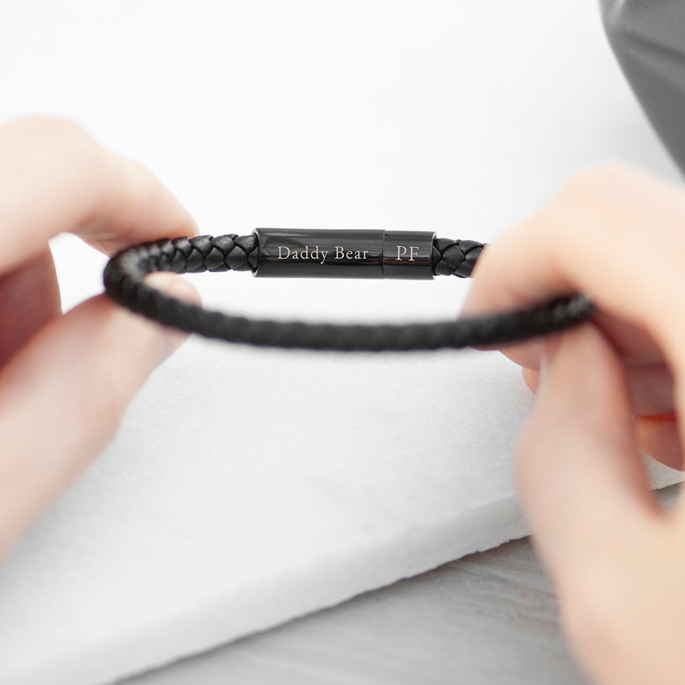 Personalized Men's Bracelets - Personalized Men's Woven Black Leather Bracelet 