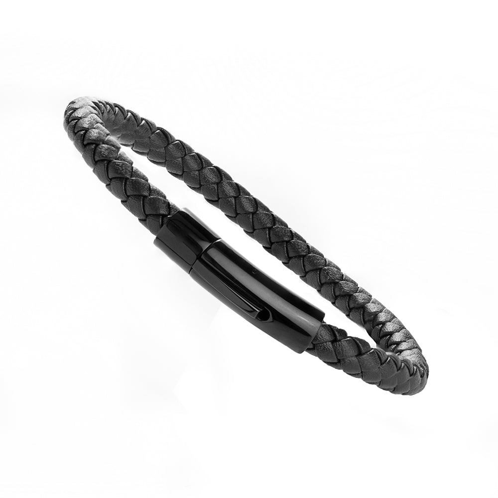 Personalized Men's Bracelets - Personalized Men's Woven Black Leather Bracelet 