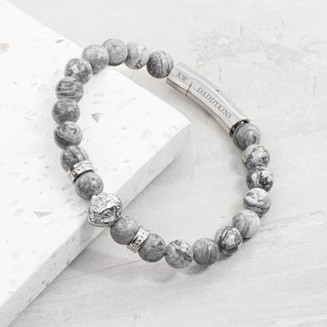 Personalized Men's Silver Lion Jasper Stone Bracelet - GiftsofaKind