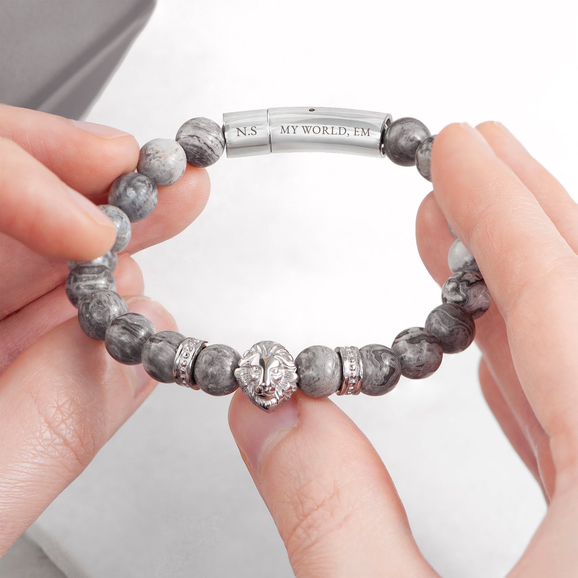 Personalized Men's Bracelets - Personalized Men's Silver Lion Jasper Stone Bracelet 