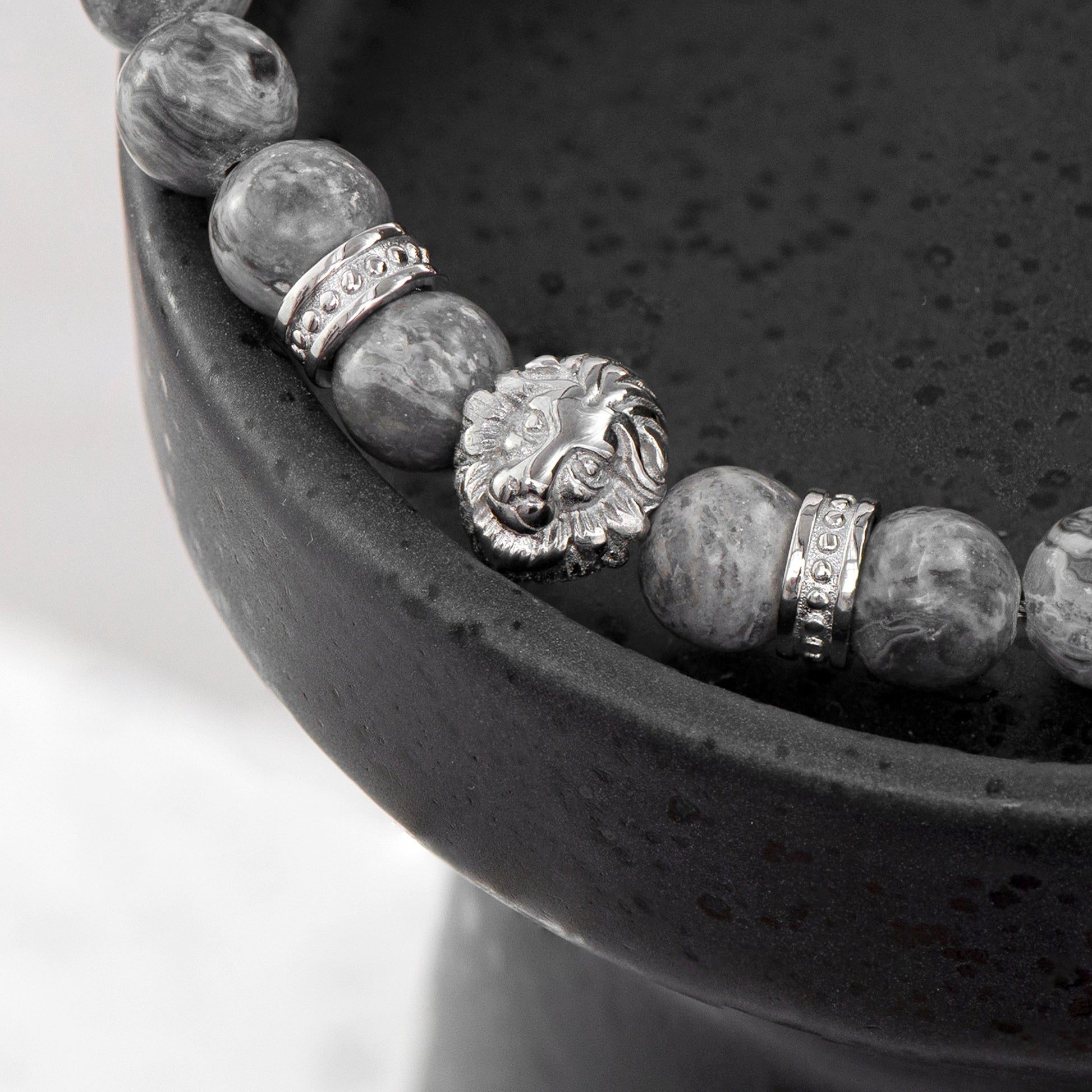 Personalized Men's Bracelets - Personalized Men's Silver Lion Jasper Stone Bracelet 