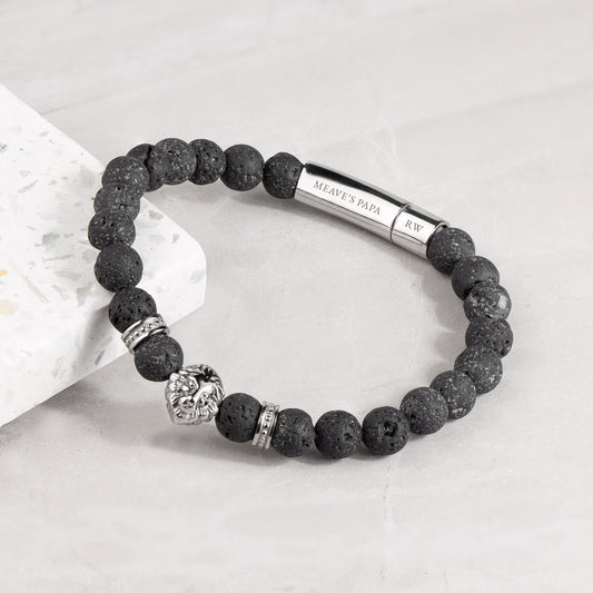 Personalized Men's Silver Lion Black Beaded Bracelet