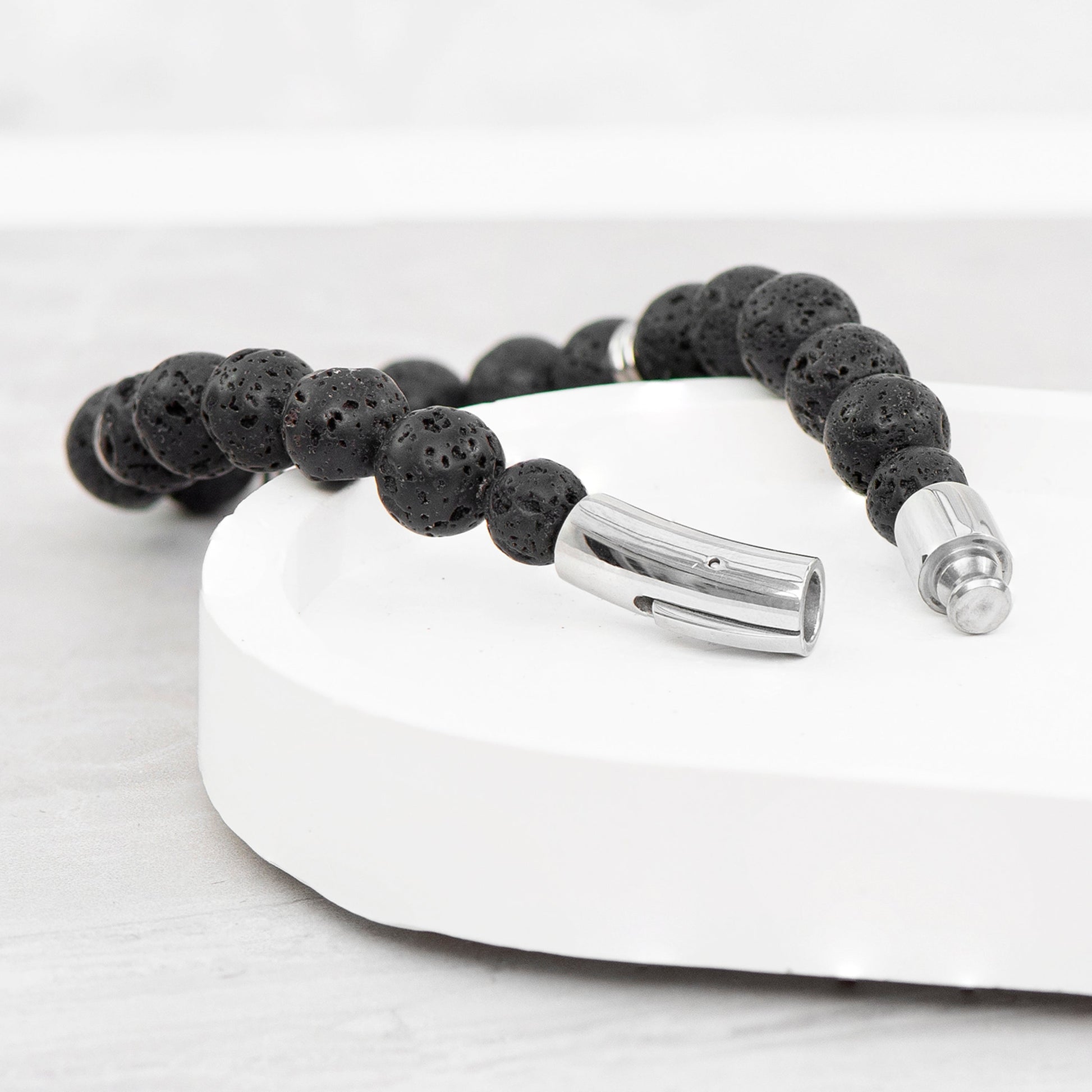 Personalized Men's Bracelets - Personalized Men's Silver Lion Black Beaded Bracelet 