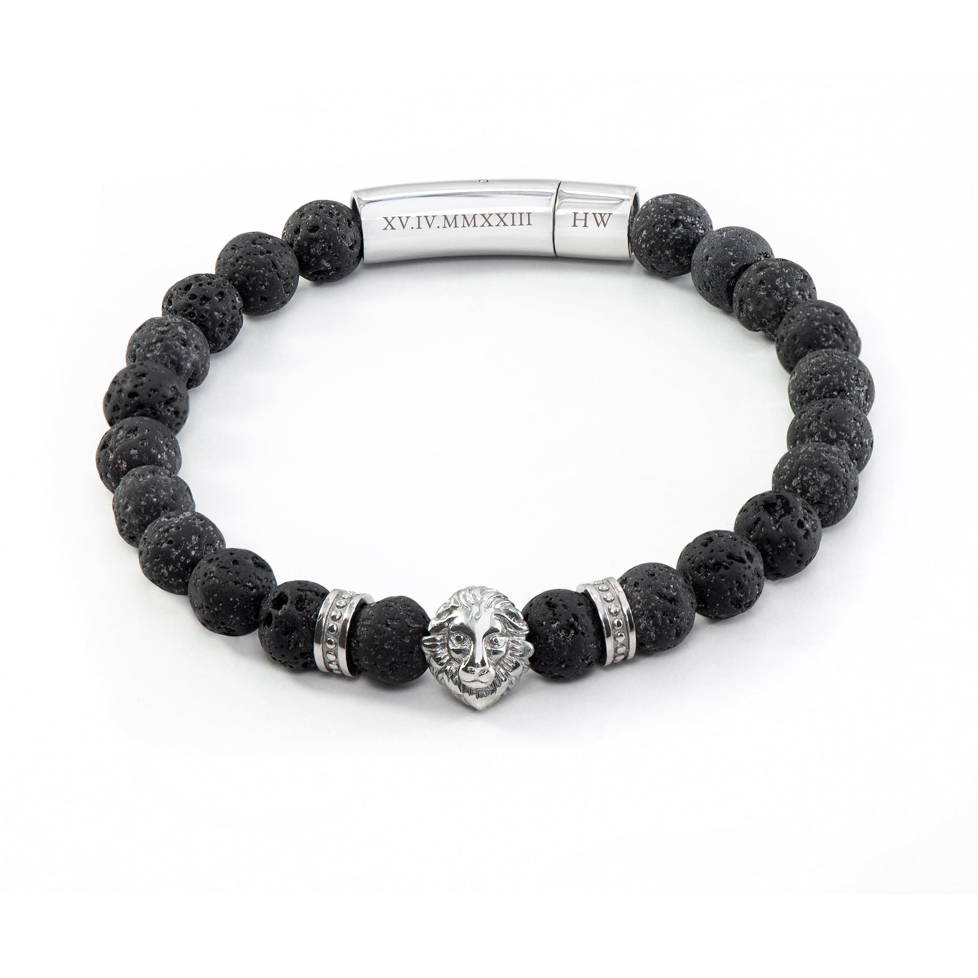 Personalized Men's Bracelets - Personalized Men's Silver Lion Black Beaded Bracelet 