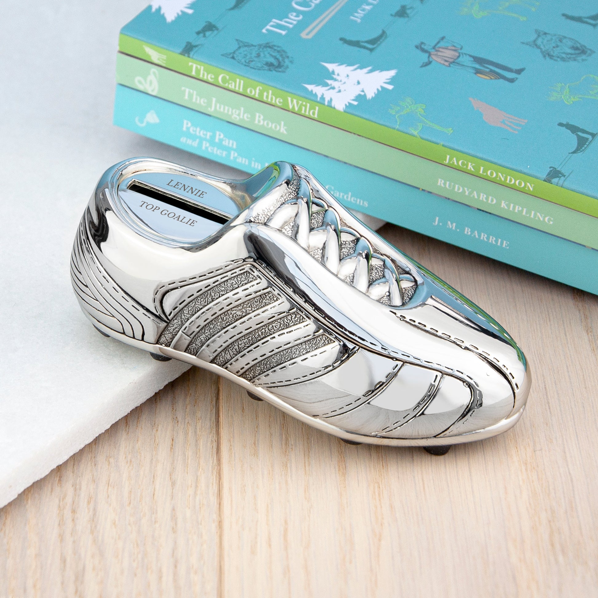 Personalized Money Boxes - Personalized Silver Plated Football Boot Money Box 