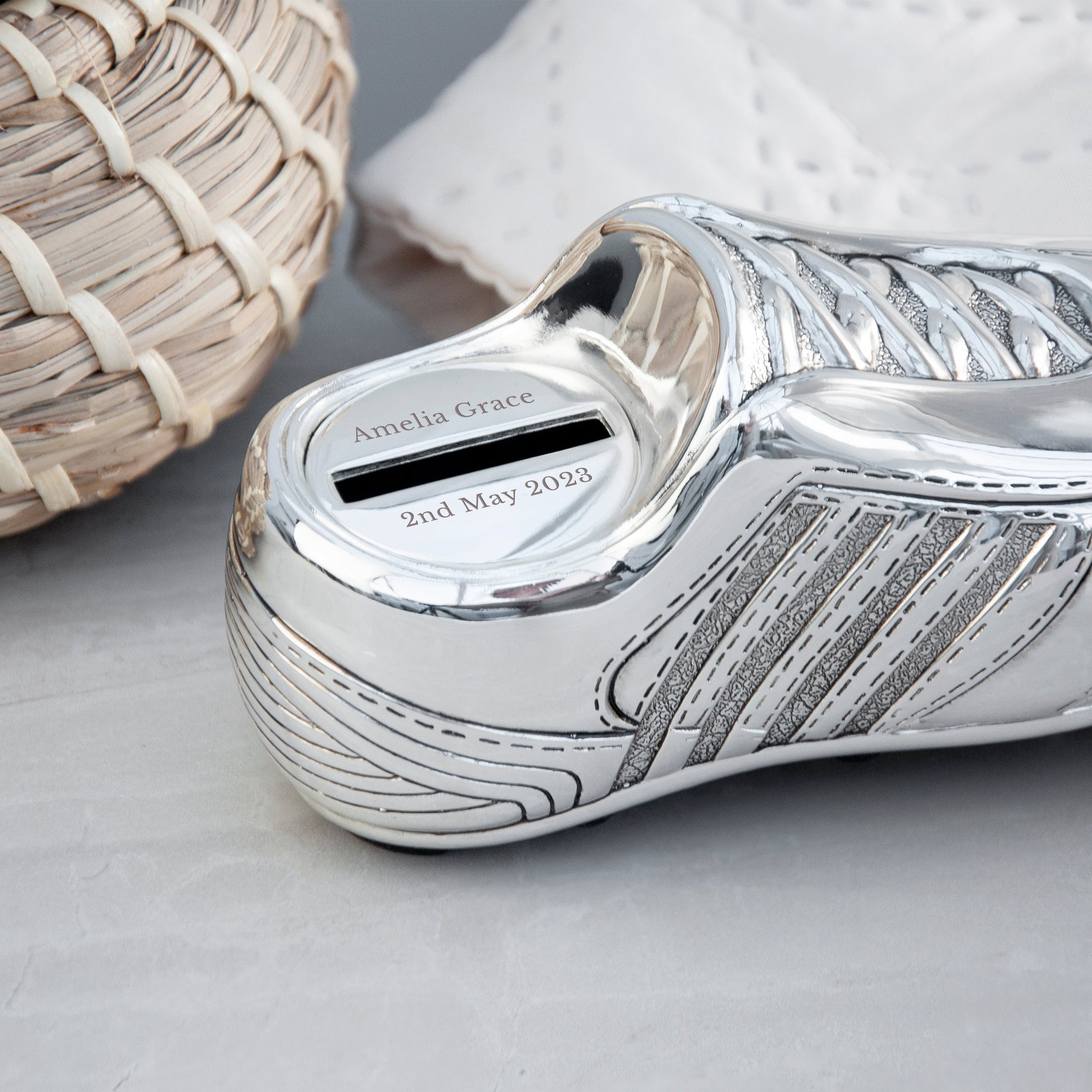 Personalized Money Boxes - Personalized Silver Plated Football Boot Money Box 