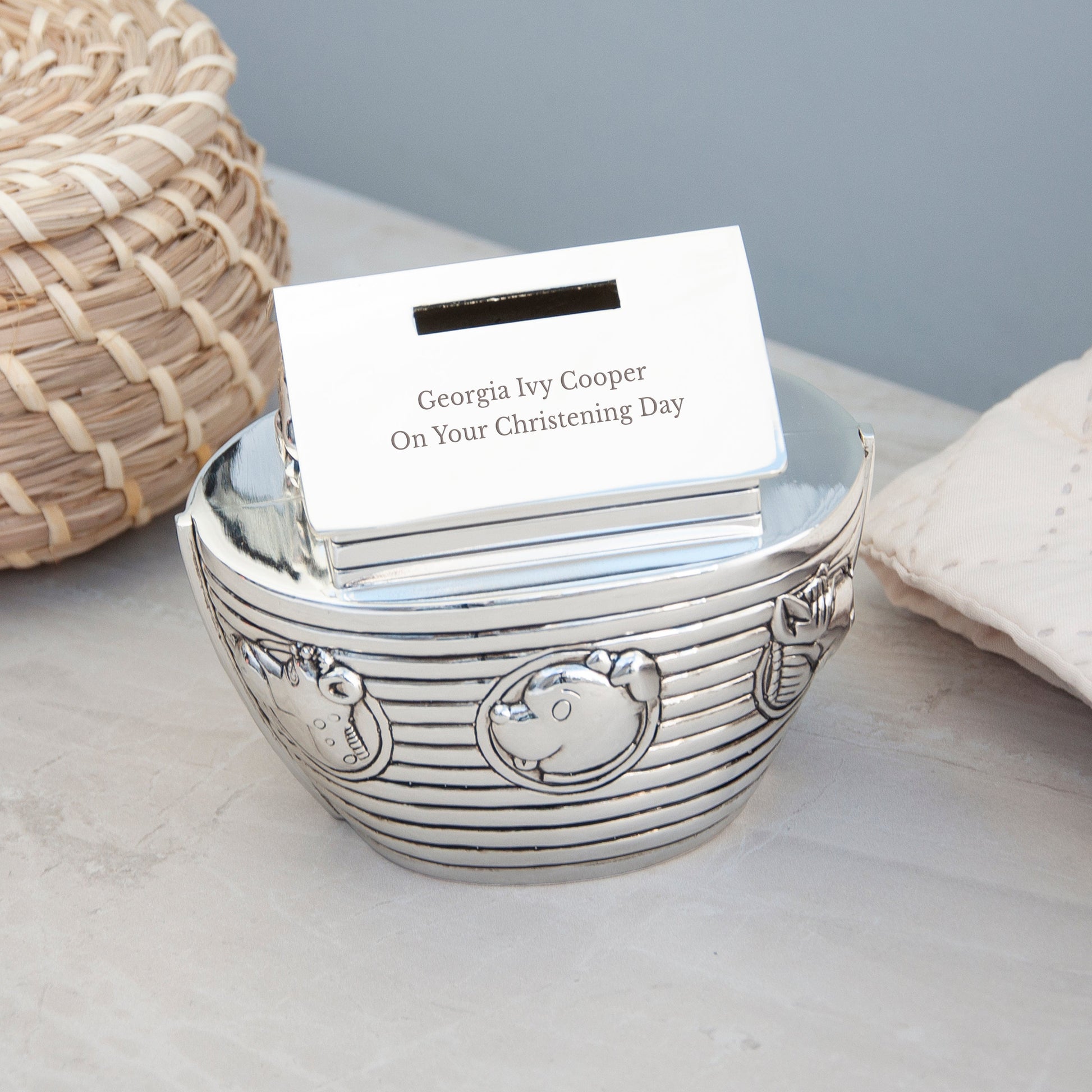 Personalized Money Boxes - Personalized Silver Plated Noah’s Ark Money Box 