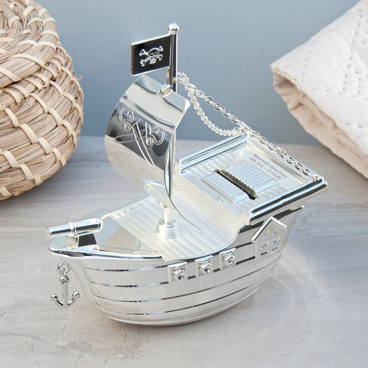 Personalized Silver Plated Pirate Ship Money Box