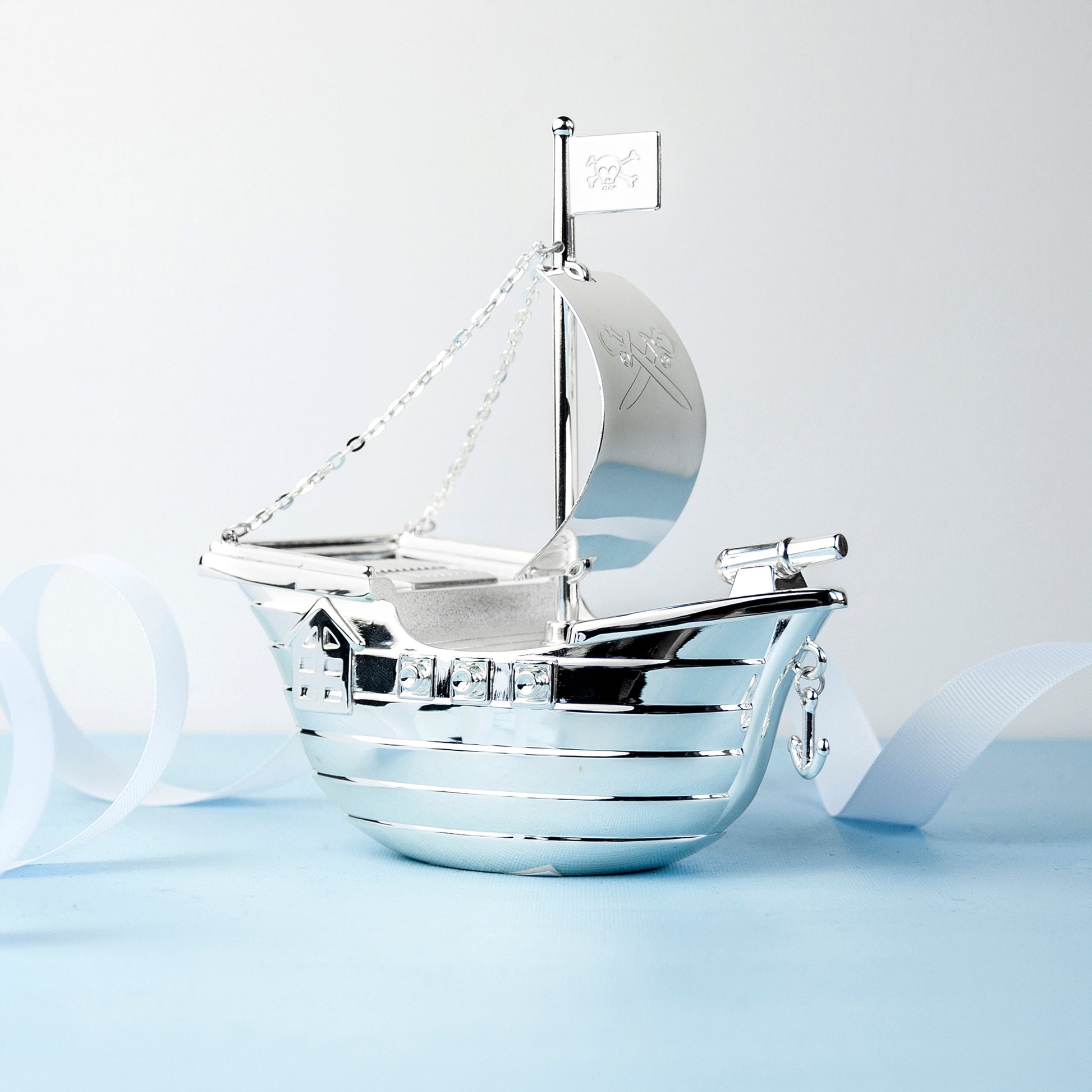 Personalized Money Boxes - Personalized Silver Plated Pirate Ship Money Box 