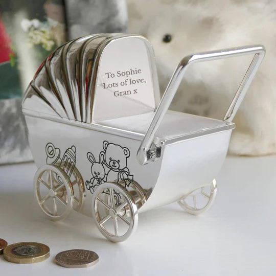 Personalized Money Boxes - Personalized Silver Plated Pram Money Box 