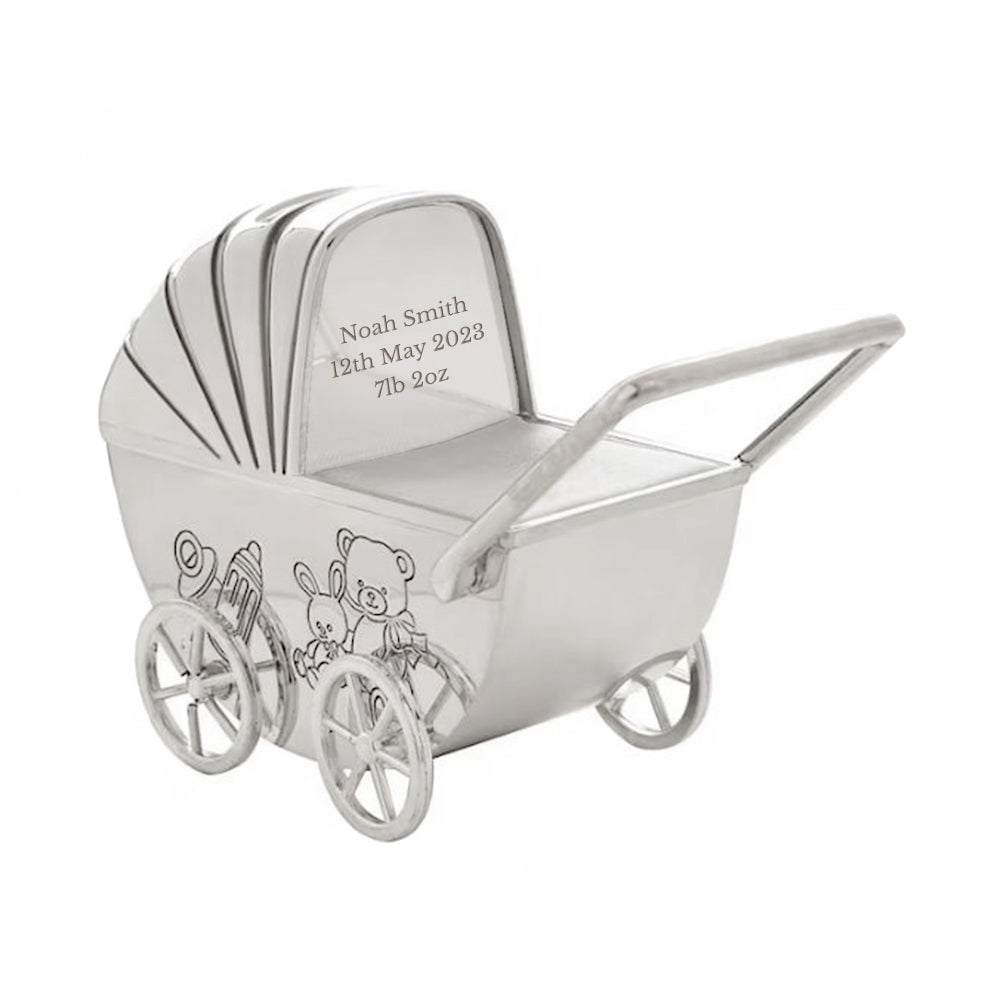 Personalized Money Boxes - Personalized Silver Plated Pram Money Box 