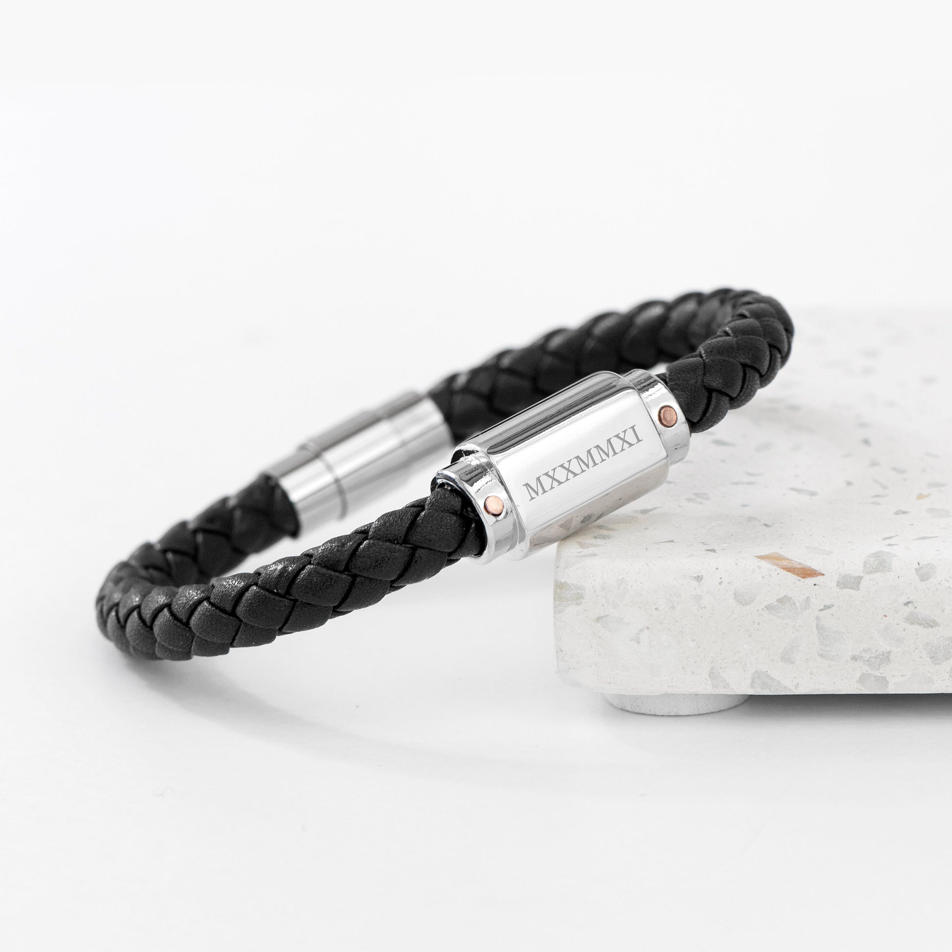 Personalized Men's Bracelets - Personalized Men's Roman Numerals Luxury Black Leather Bracelet 