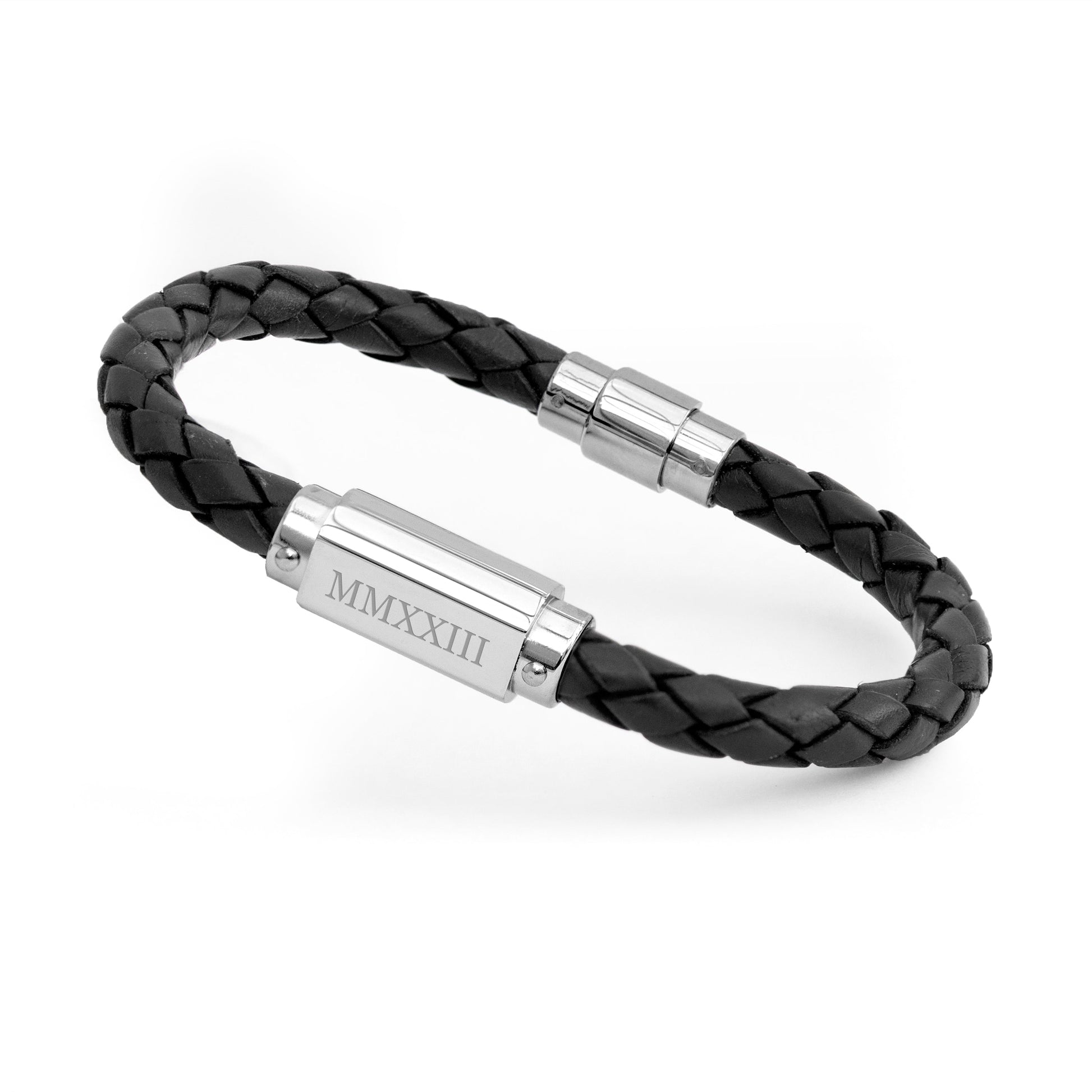 Personalized Men's Bracelets - Personalized Men's Roman Numerals Luxury Black Leather Bracelet 