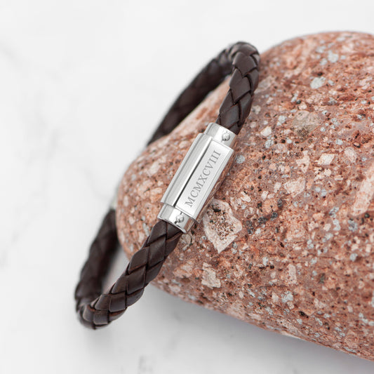 Personalized Men's Roman Numerals Luxury Brown Leather Bracelet