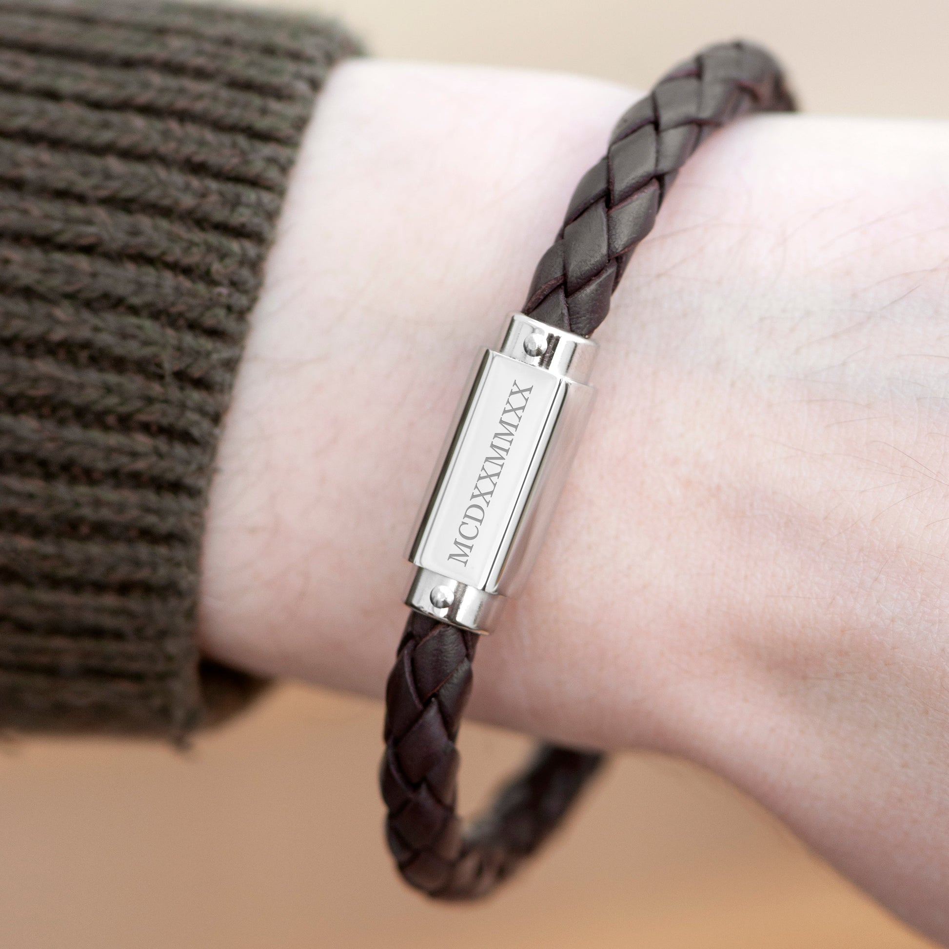 Personalized Men's Bracelets - Personalized Men's Roman Numerals Luxury Brown Leather Bracelet 
