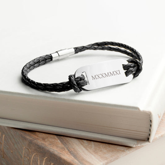 Personalized Men's Roman Numerals Statement Leather Bracelet