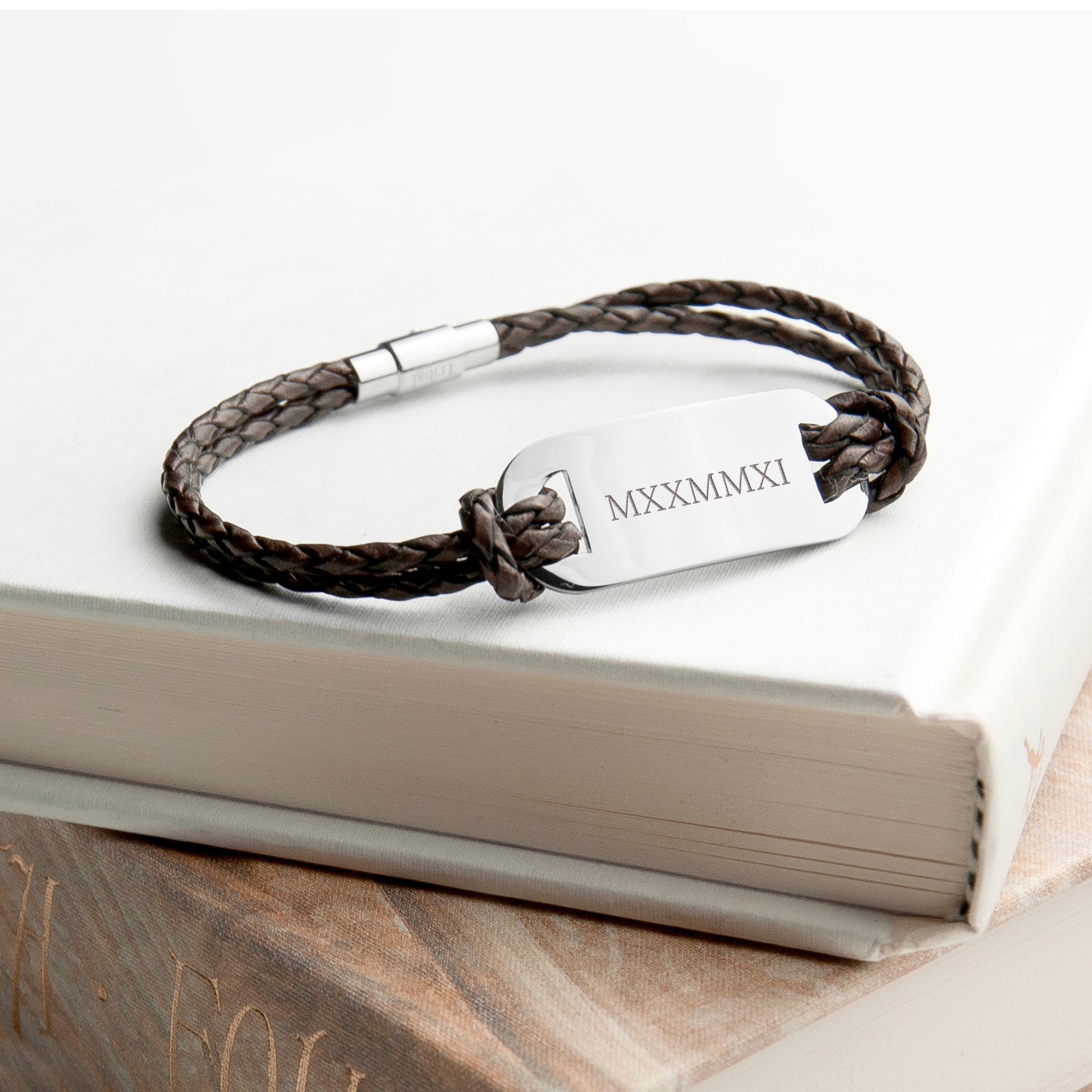 Personalized Men's Bracelets - Personalized Men's Roman Numerals Statement Leather Bracelet 