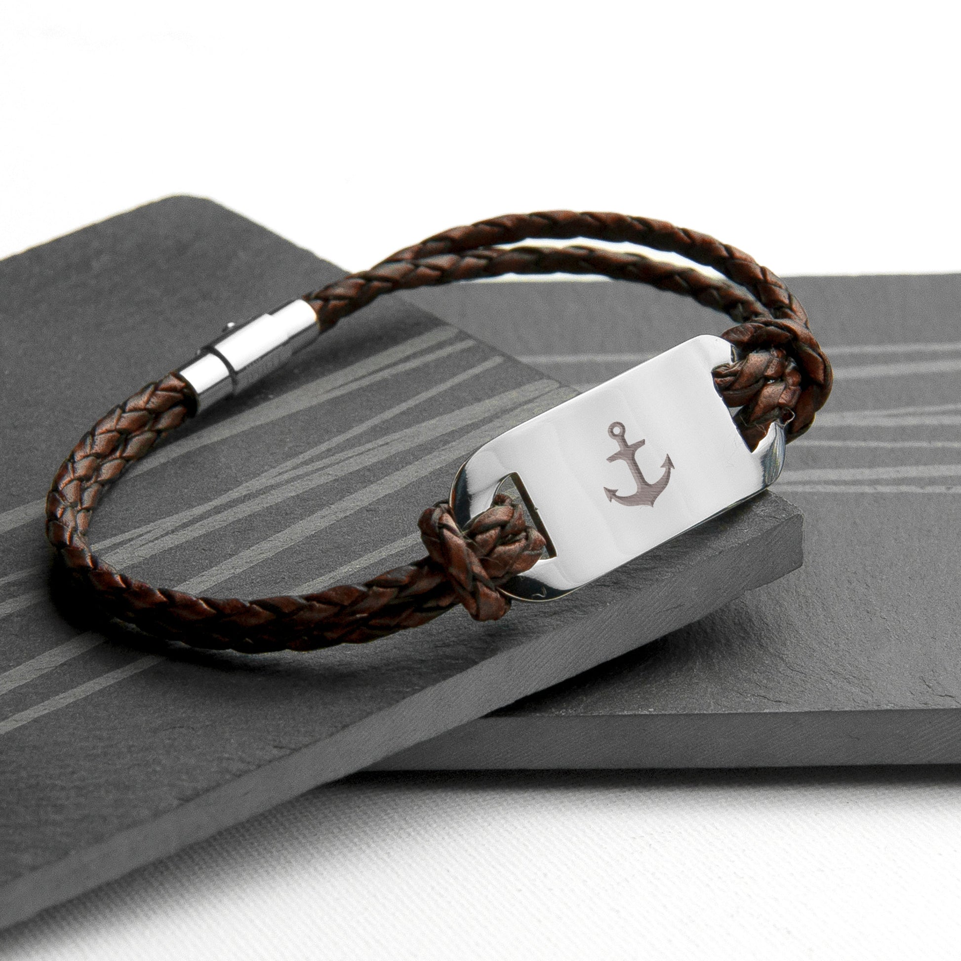 Personalized Men's Bracelets - Personalized Men's Anchor Statement Leather Bracelet 