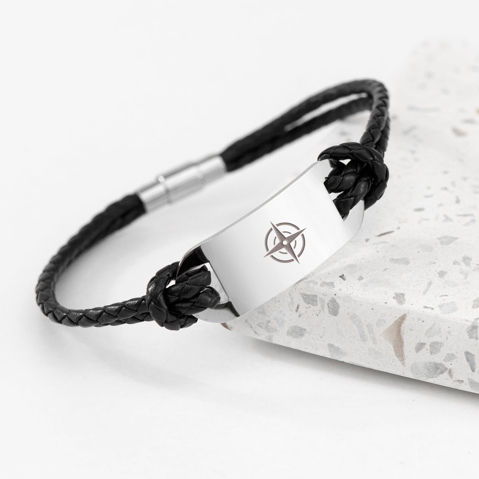 Personalized Men's Bracelets - Personalized Men's Travel Compass Statement Leather Bracelet 