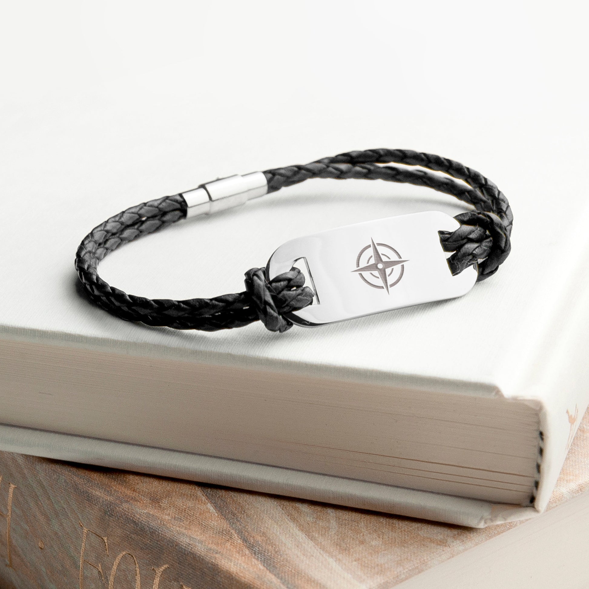 Personalized Men's Bracelets - Personalized Men's Travel Compass Statement Leather Bracelet 