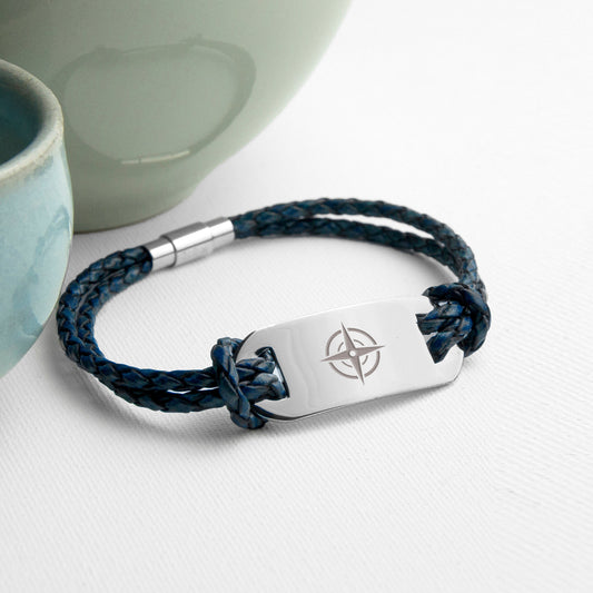 Personalized Men's Travel Compass Statement Leather Bracelet