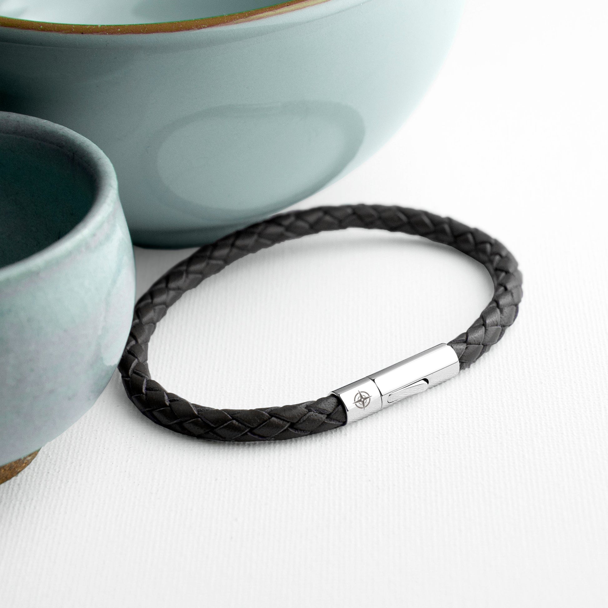 Personalized Men's Bracelets - Personalized Men's Travel Compass Capsule Leather Bracelet 