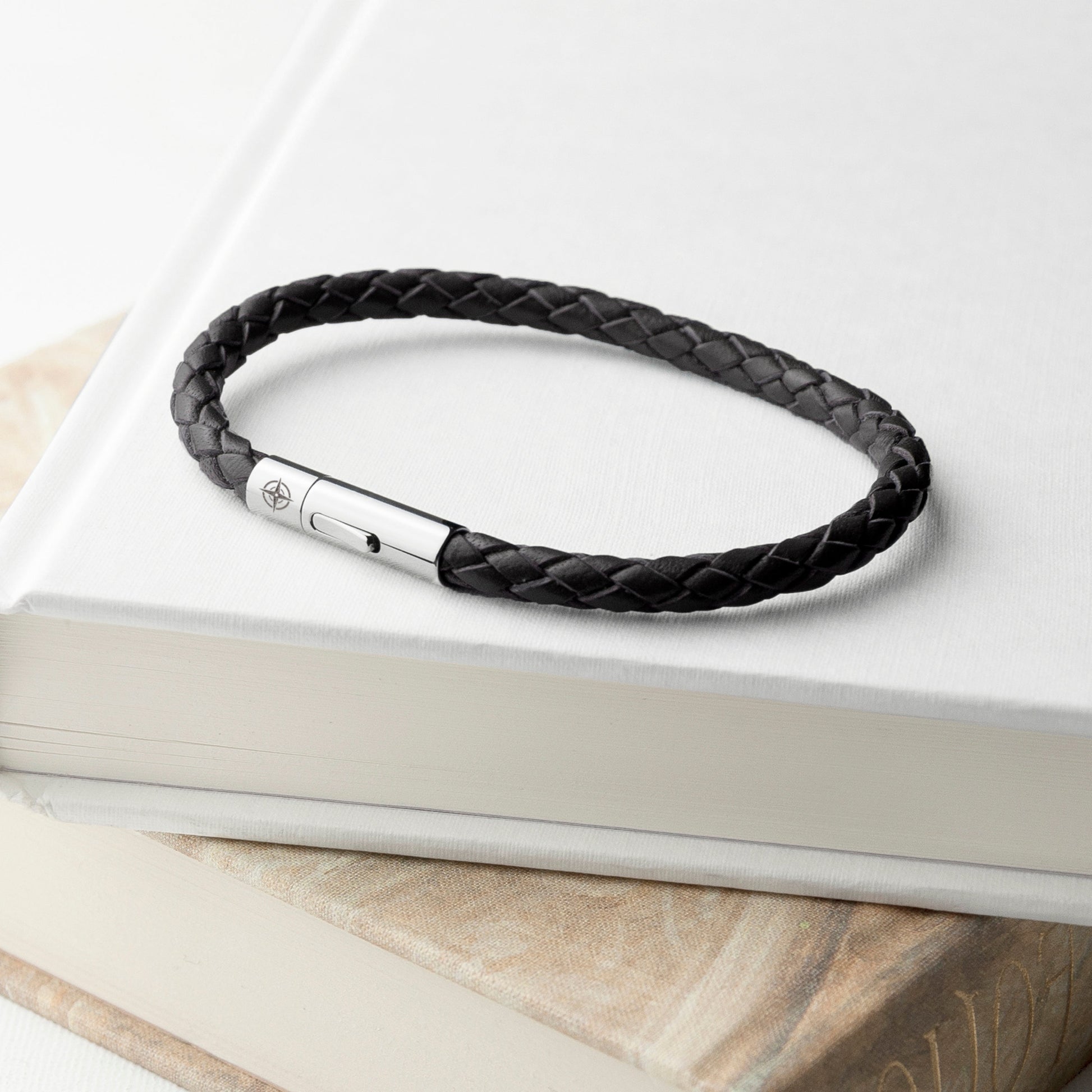 Personalized Men's Bracelets - Personalized Men's Travel Compass Capsule Leather Bracelet 