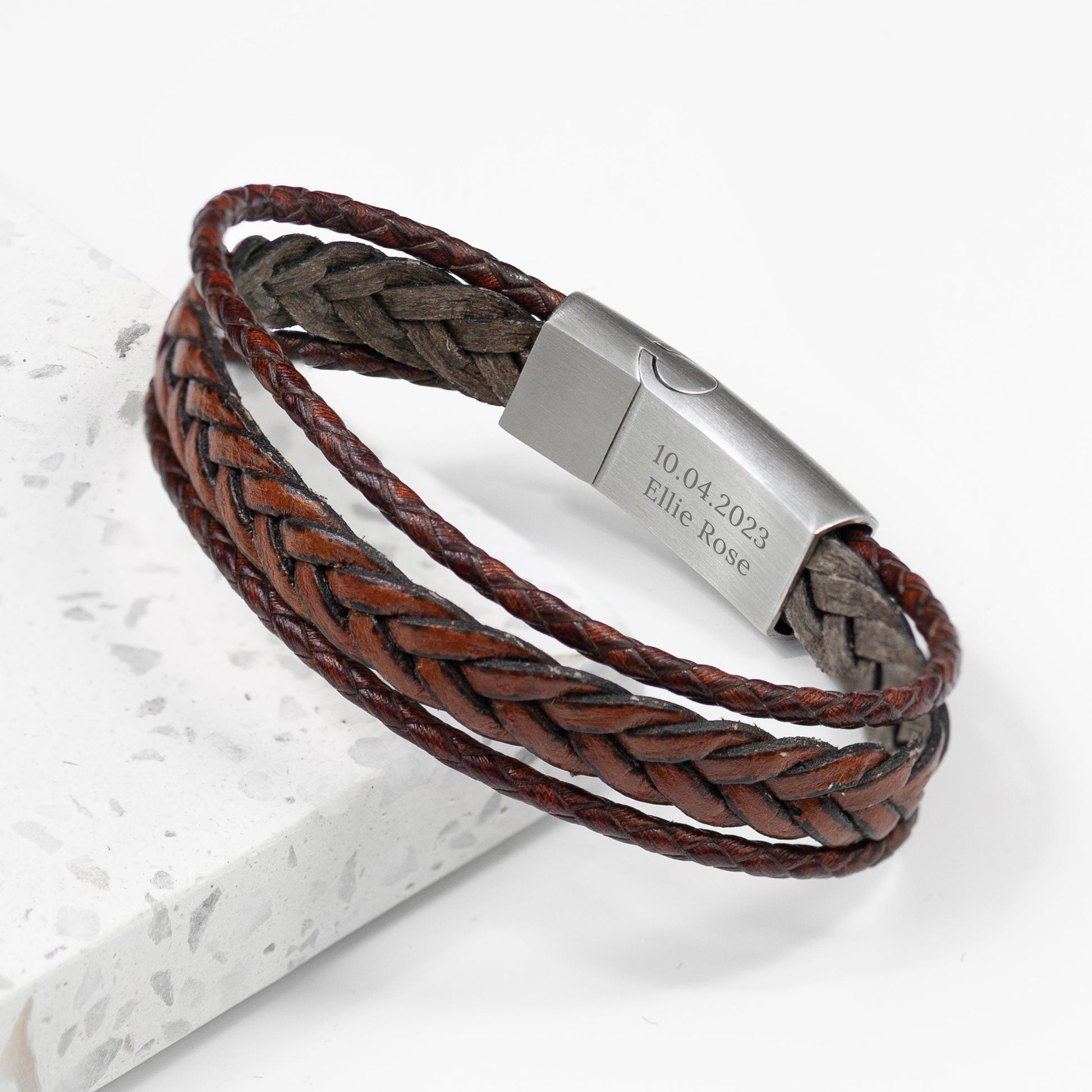 Personalized Men's Bracelets - Personalized Men's Woven Layered Brown Leather Bracelet 