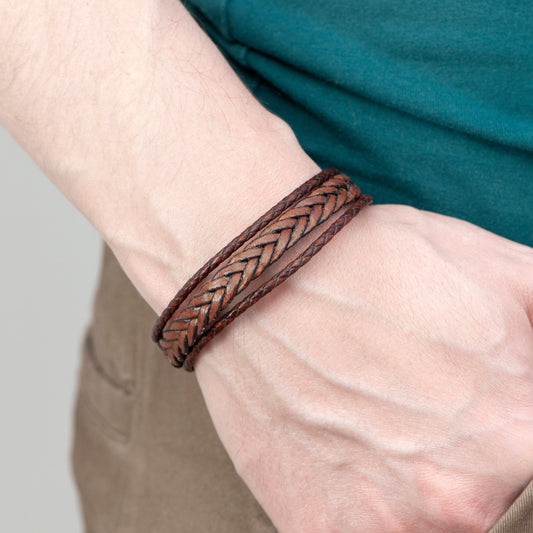 Personalized Men's Woven Layered Brown Leather Bracelet