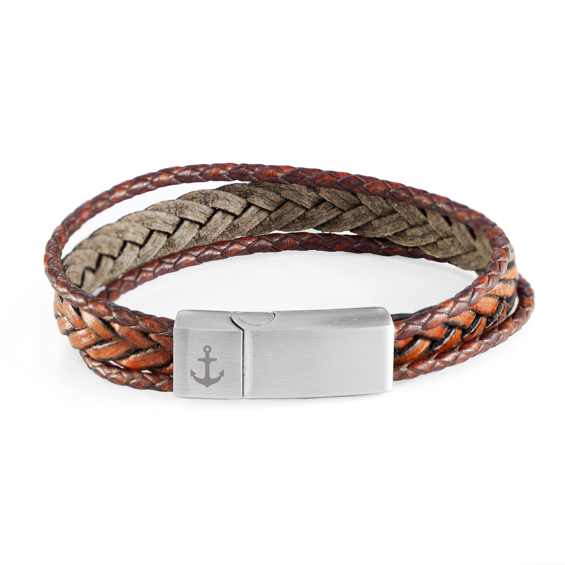 Personalized Men's Bracelets - Personalized Men's Woven Layered Brown Leather Bracelet 