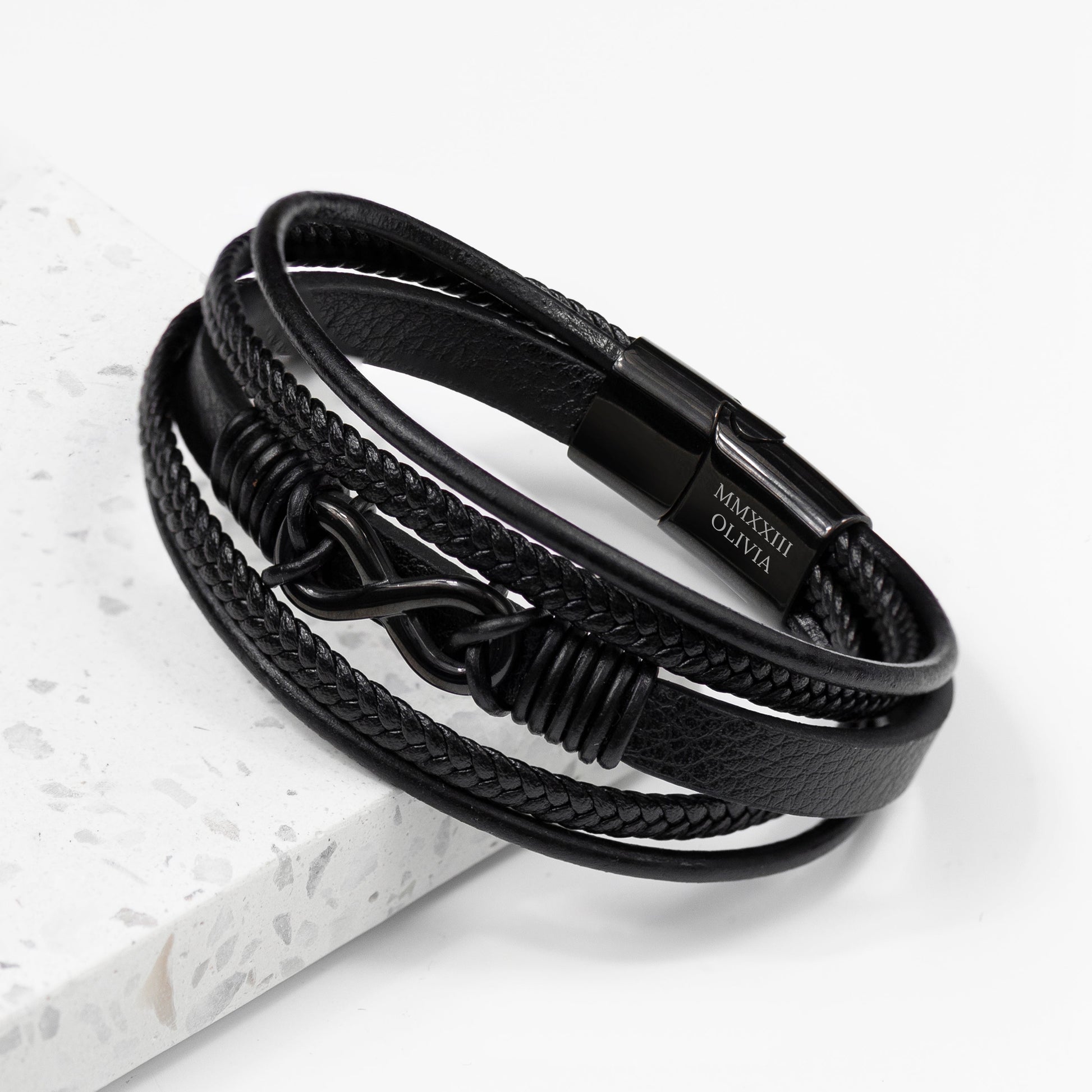 Personalized Men's Bracelets - Personalized Men's Infinity Black Leather Stacked Bracelet 