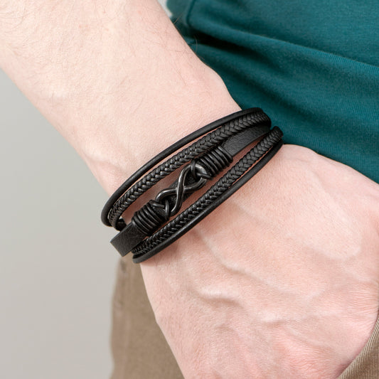 Personalized Men's Infinity Black Leather Stacked Bracelet