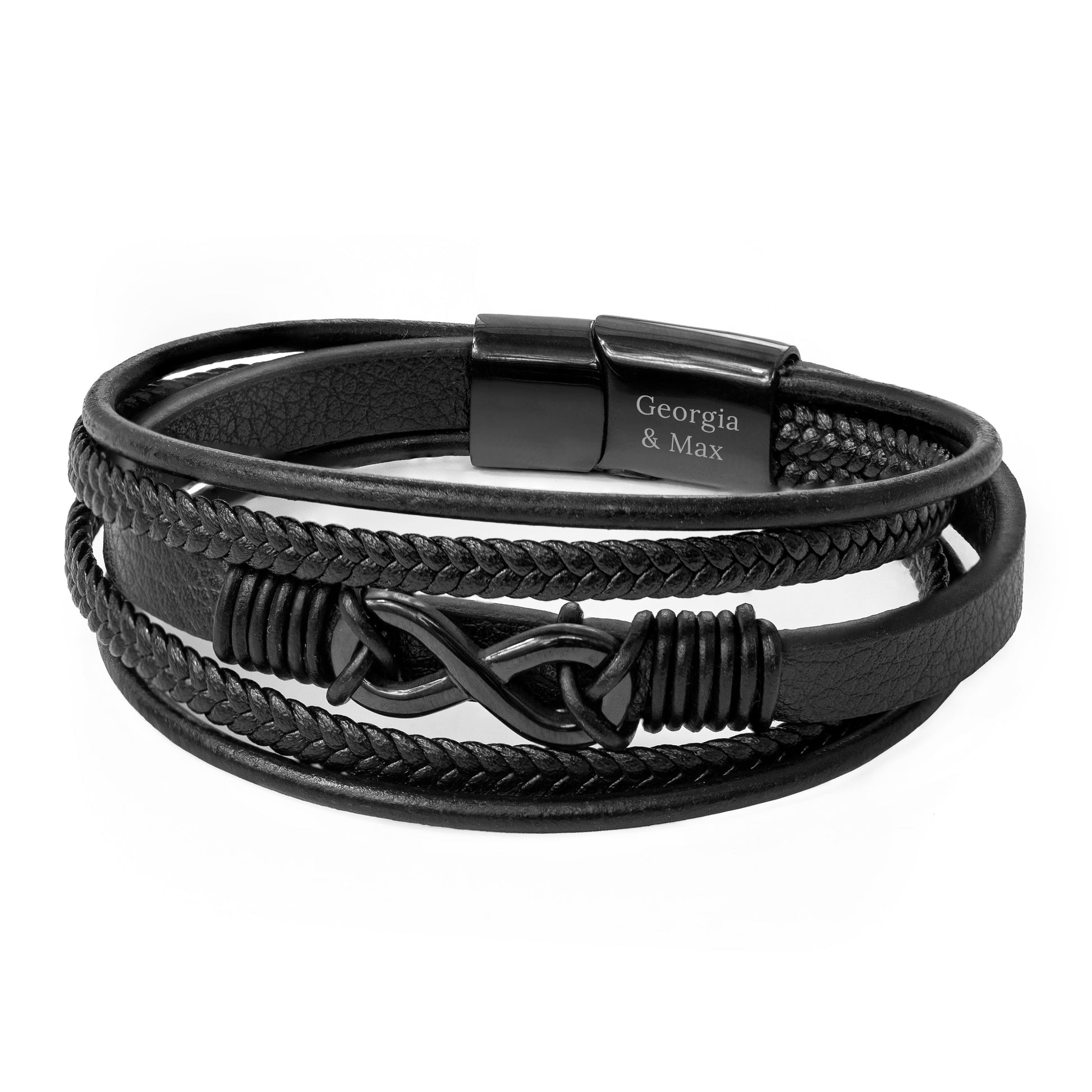 Personalized Men's Bracelets - Personalized Men's Infinity Black Leather Stacked Bracelet 