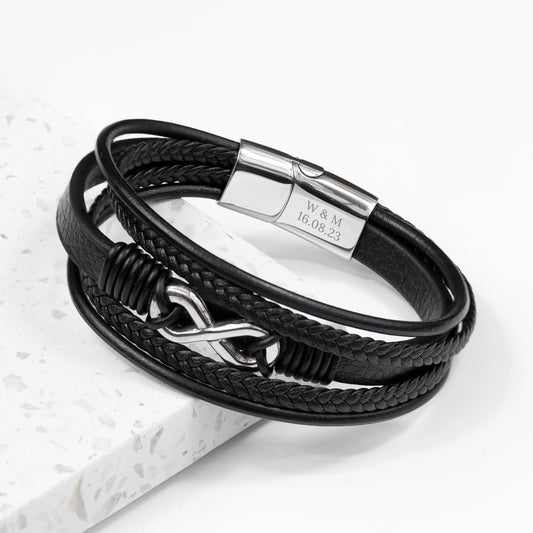 Personalized Men's Silver Infinity Black Leather Stacked Bracelet
