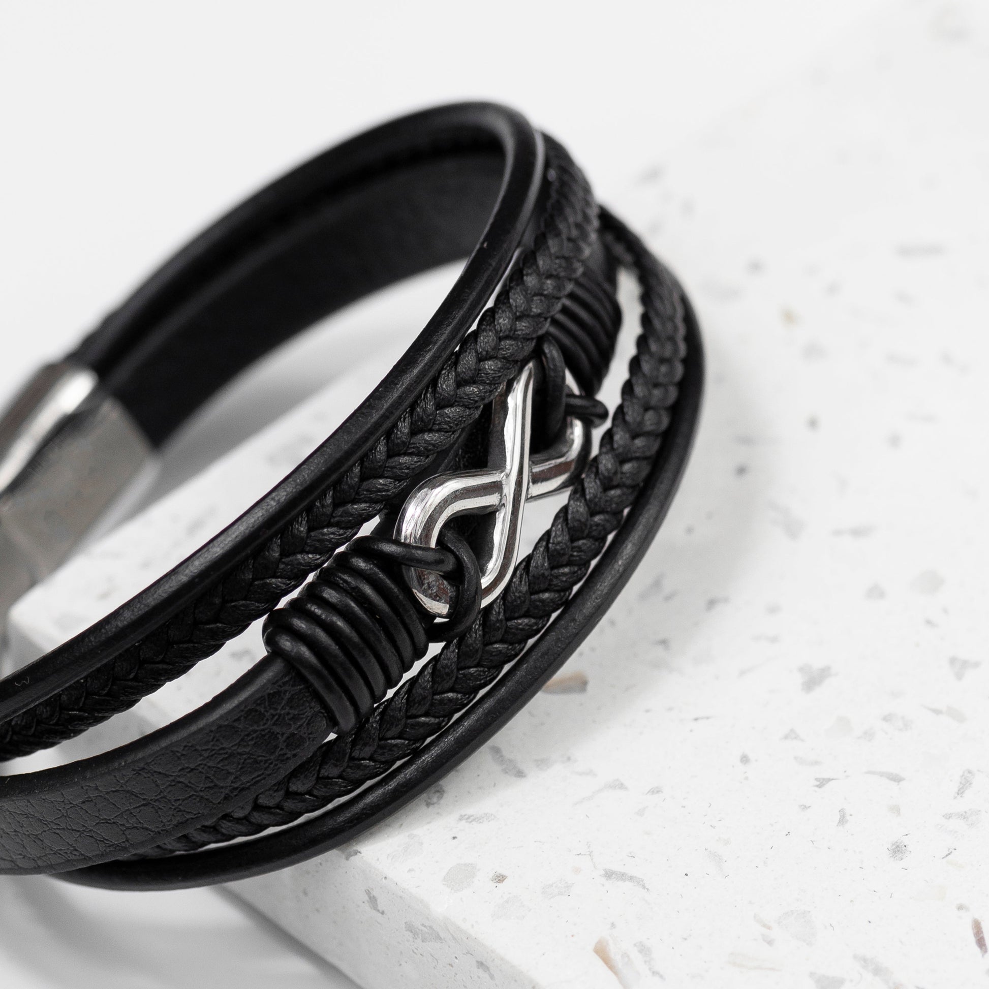 Personalized Men's Bracelets - Personalized Men's Silver Infinity Black Leather Stacked Bracelet 
