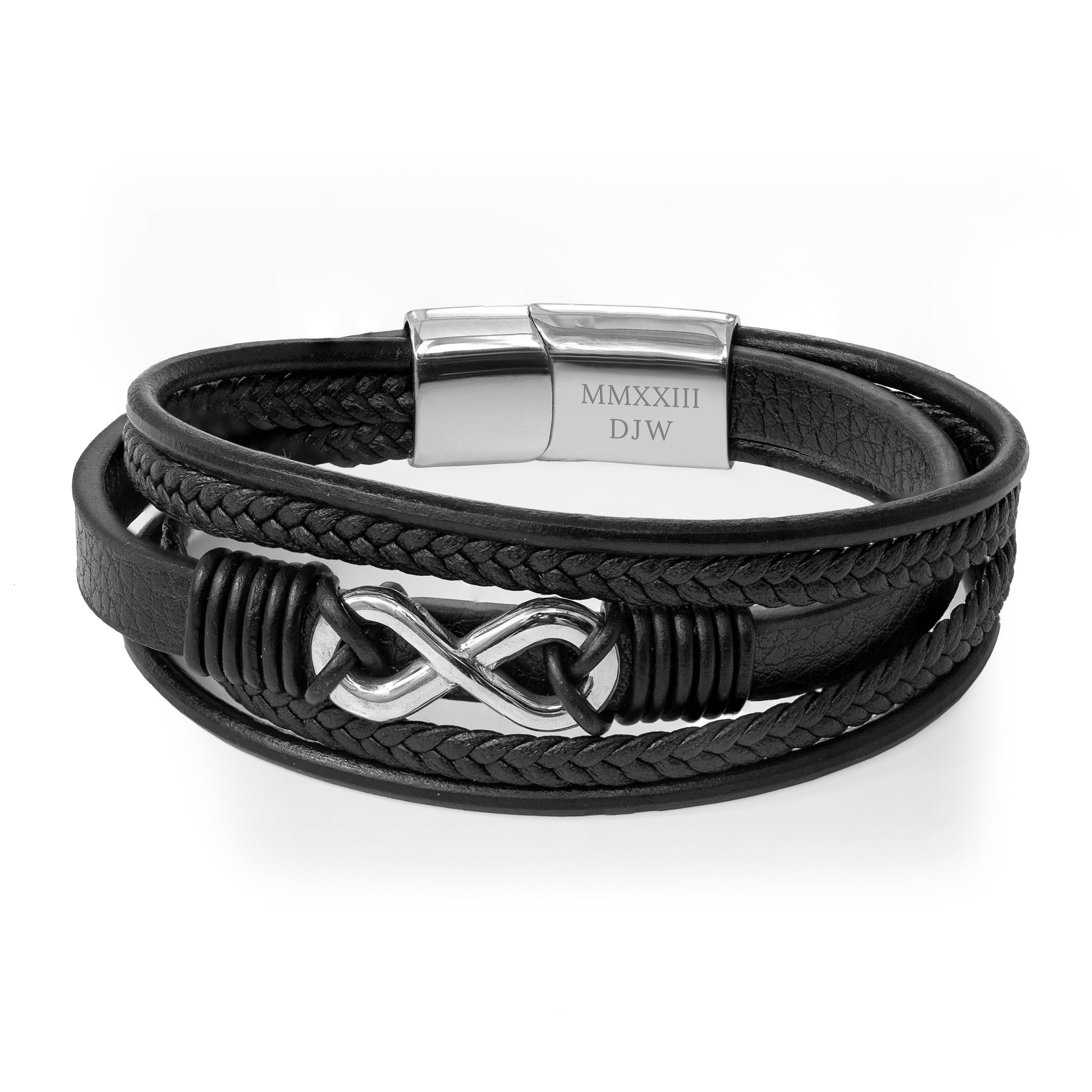 Personalized Men's Bracelets - Personalized Men's Silver Infinity Black Leather Stacked Bracelet 