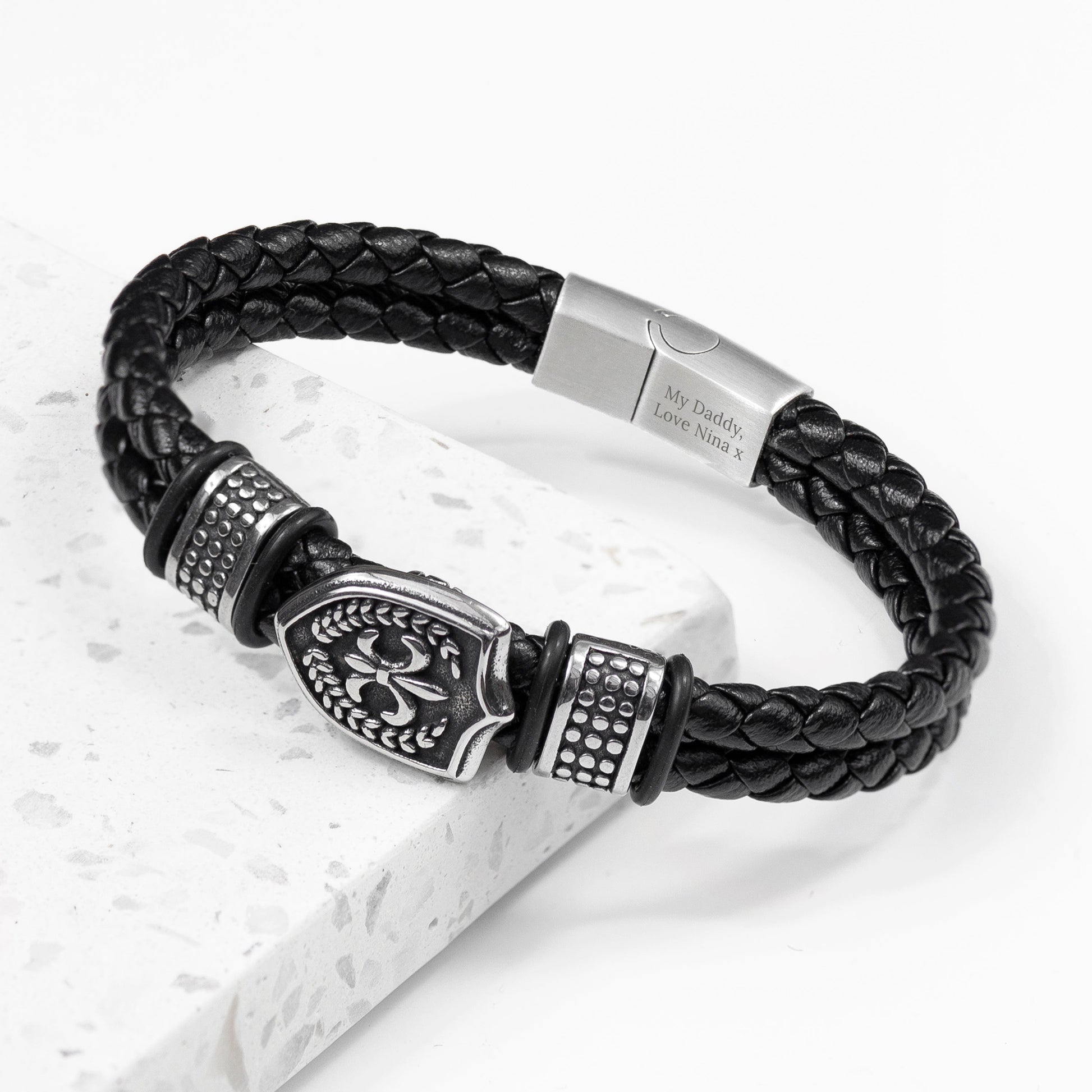 Personalized Men's Bracelets - Personalized Men's Warrior Shield Leather Bracelet 