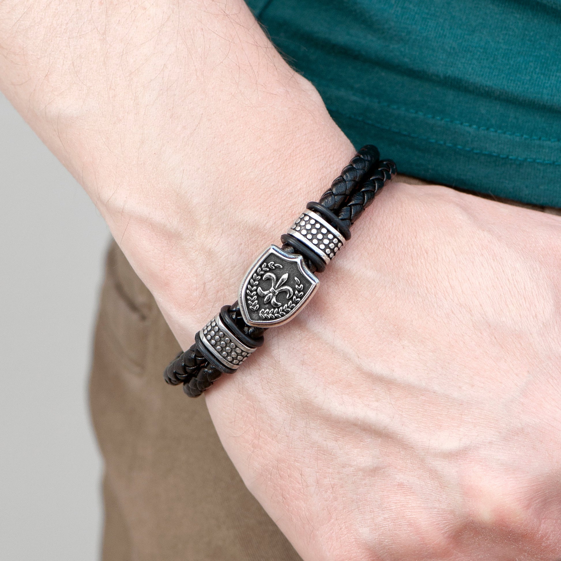 Personalized Men's Bracelets - Personalized Men's Warrior Shield Leather Bracelet 