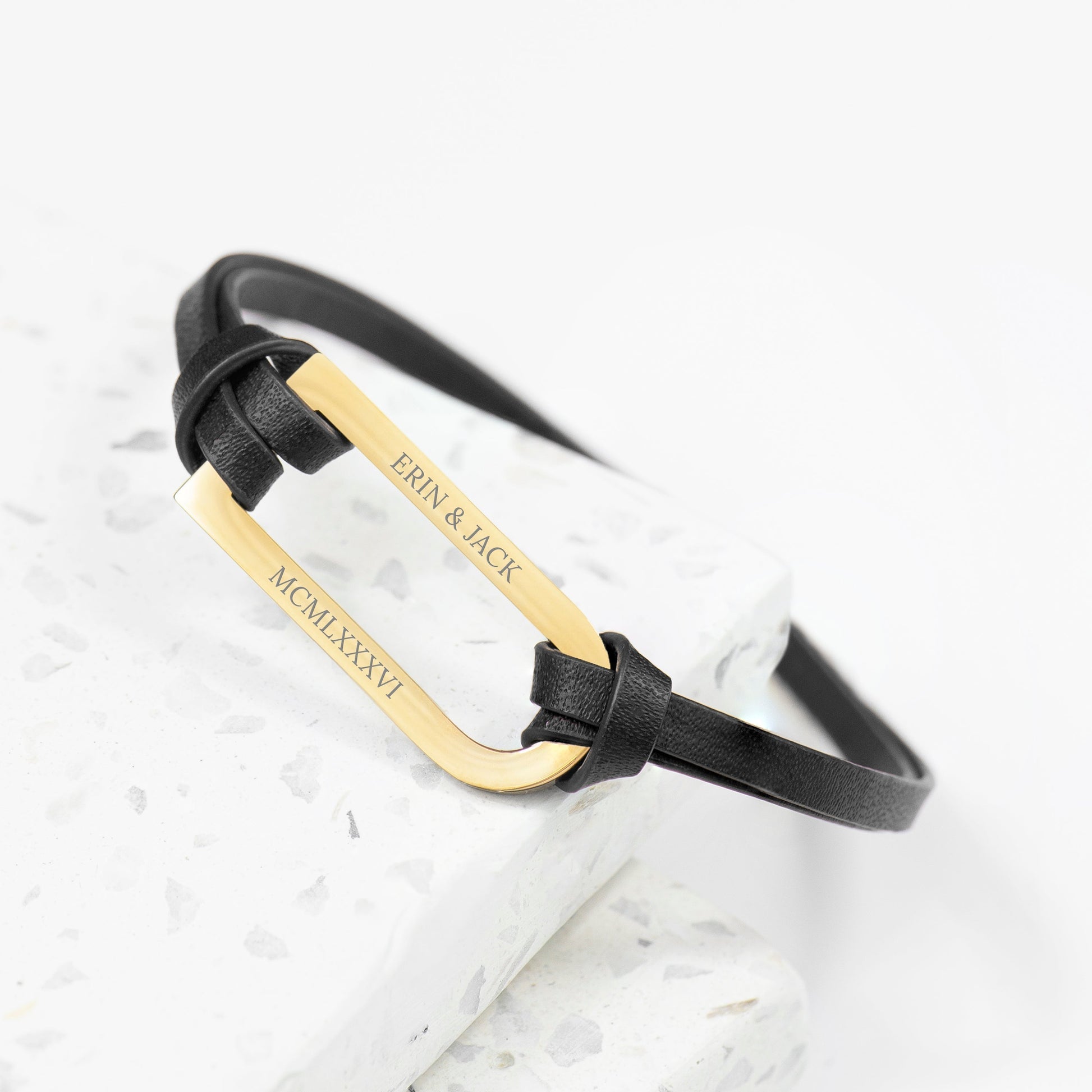 Personalized Men's Bracelets - Personalized Men's Shoreditch Gold Bar Black Leather Bracelet 