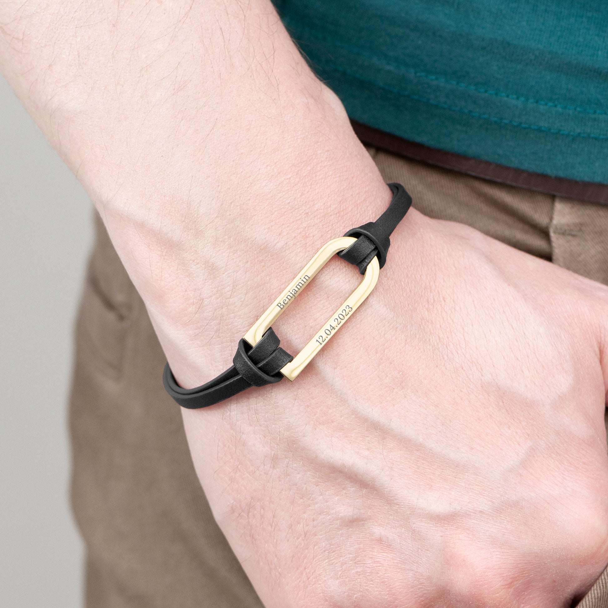 Personalized Men's Bracelets - Personalized Men's Shoreditch Gold Bar Black Leather Bracelet 
